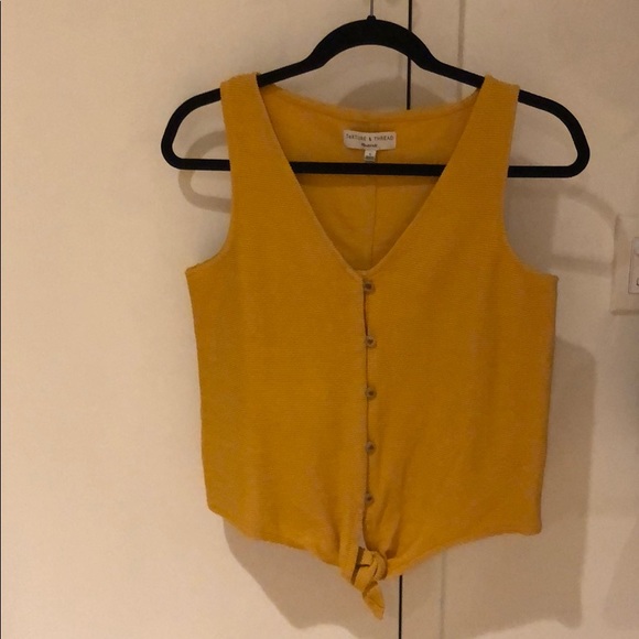 Mustard Texture & Thread Button-Front Tie Tank Top - Picture 5 of 6